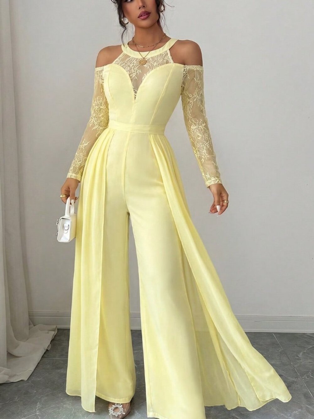Yellow Elegant Women's Sexy Lace Long Sleeve cold-Shoulder flowy Jumpsuit